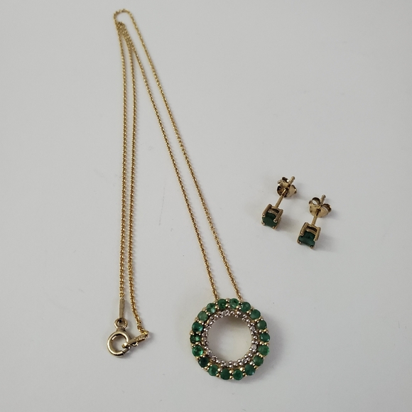 Sterling Silver 925 Gold Genuine Emerald Diamond Cut Necklace and Earrings - Picture 3 of 12